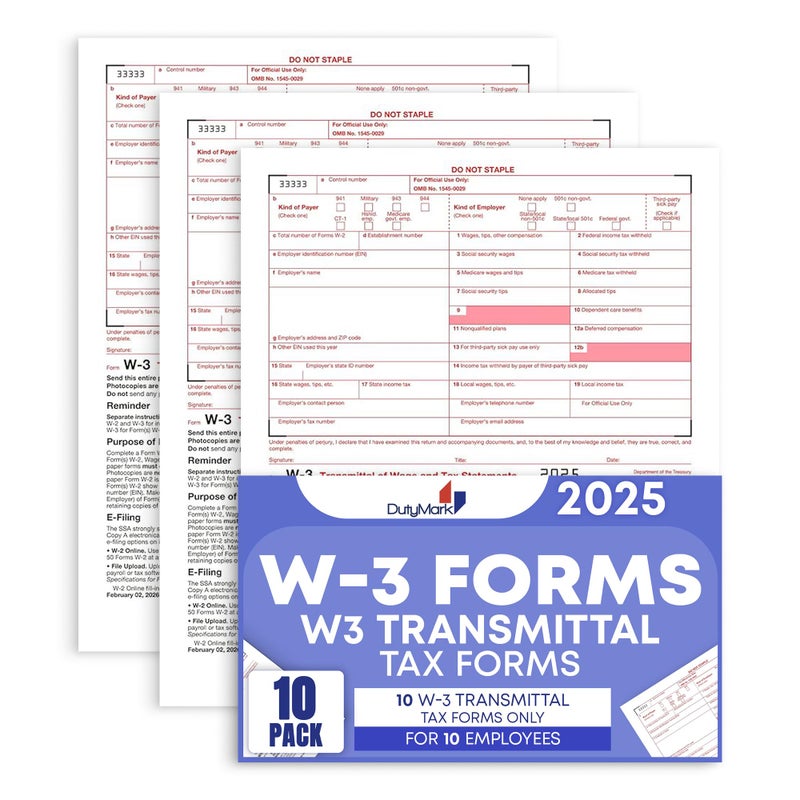 Dutymark W3 Transmittal Forms 2025, Pack of 10 W3 Laser Forms Summary for Transmittal of Wage and Tax Statements, W3 IRS Approved,W-3 Forms Designed for QuickBooks and Accounting Software,10 Pack - Image 1